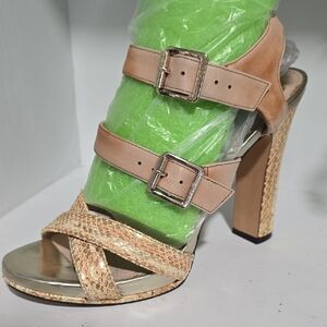 Vince Camuto Tan and Gold Strappy Heels